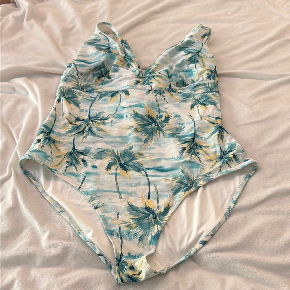 Tropical Palm One-Piece Swimsuit - Teal & Yellow